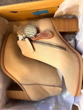 Women’s Tan Suede Ankle Booties with Stacked Heel